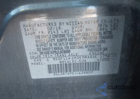 2018 Nissan Sentra Sv from USA, damaged, VIN 3N1AB7AP0JL628800